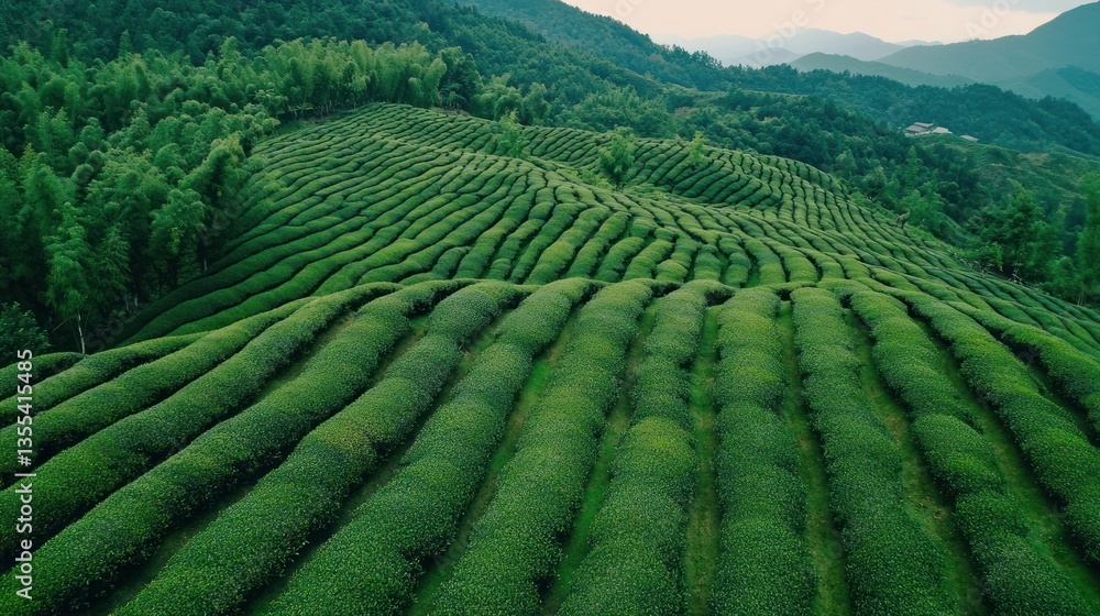 Fototapeta premium Scenic aerial view of lush green tea plantations cascading down rolling hills