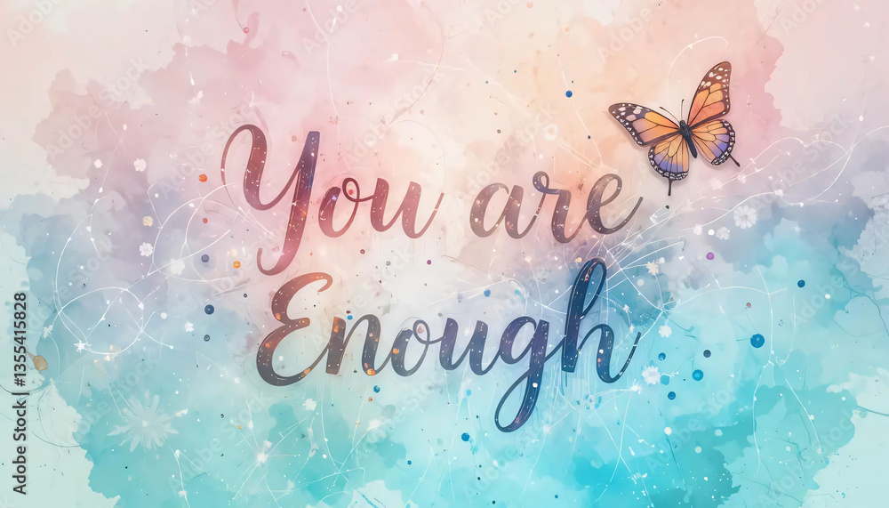 Obraz premium A soft painting watercolor scene of the quote “You Are Enough” with a butterfly.