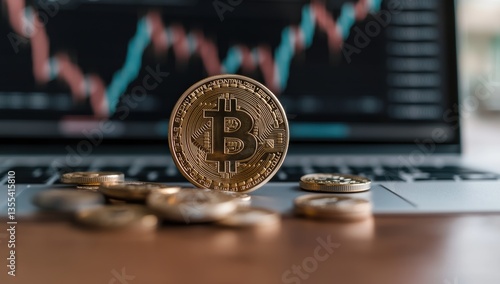 Close-up image of the Bitcoin cryptocurrency coin with stock market chart background and financial elements photo
