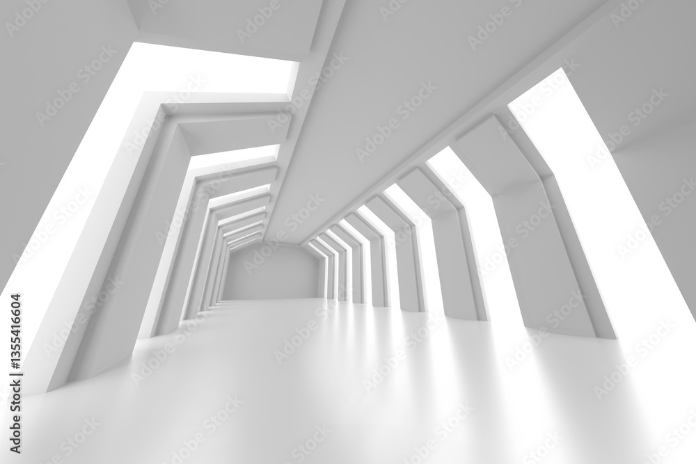 Obraz premium Futuristic white geometric corridor with angular light patterns. 3d render