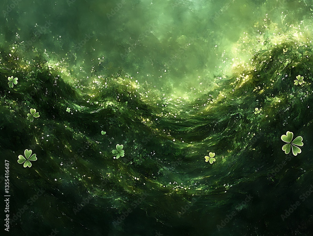 Obraz premium Abstract Green Waves with Delicate White Flowers in a Mystical Atmosphere