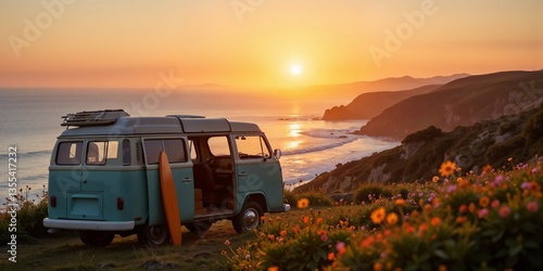 Vintage van at sunset with surfboard by the ocean  