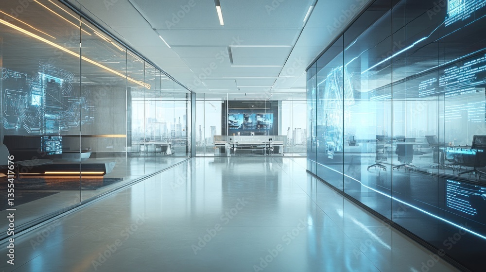 Fototapeta premium Futuristic high-tech office interior featuring sleek glass walls and digital interfaces