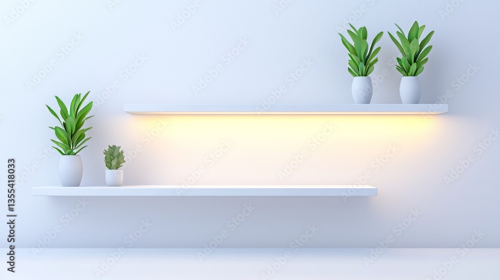 Illuminating Futuristic Floating Shelves in High-Tech Modern Living Room,3D rendering Illuminating Futuristic Floating Shelves in High-Tech Modern Living Room,3D rendering