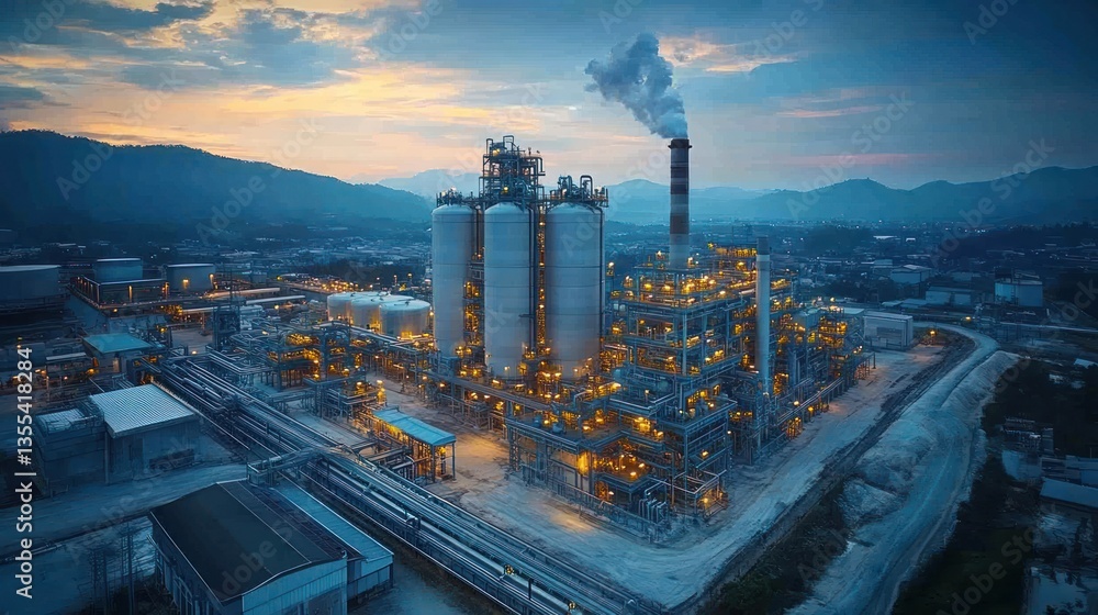 Fototapeta premium Aerial view of illuminated chemical plant at dusk with mountain backdrop