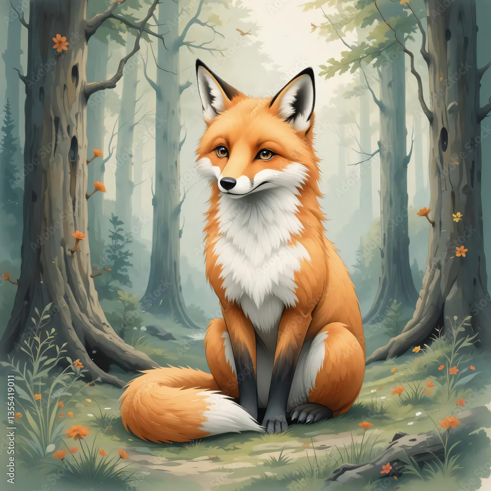 Obraz premium A soft watercolor painting depiction of a fox sitting in a forest.