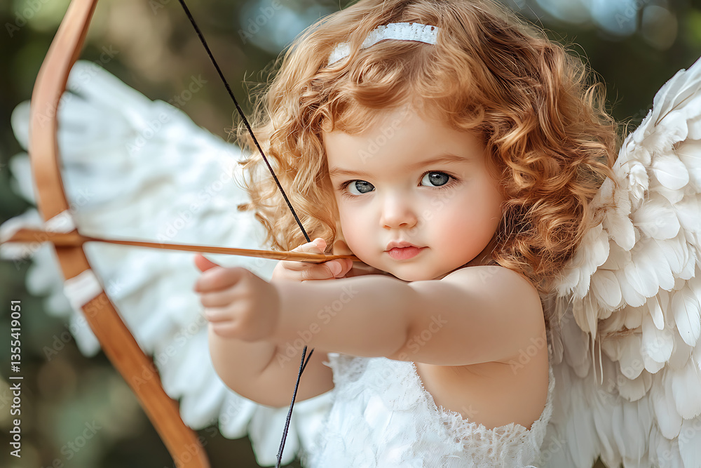 Fototapeta premium Cupid Girl Aiming Bow with Outdoors.