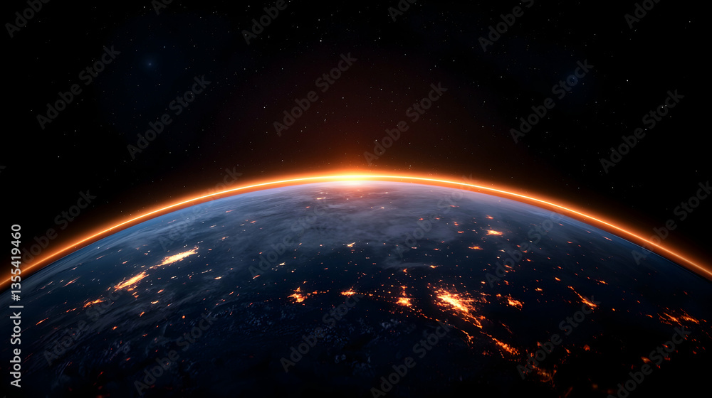 Naklejka premium Earth Sunrise From Space: Orange Glow Over Night City Lights