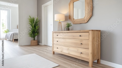Light-filled hallway with wooden furniture