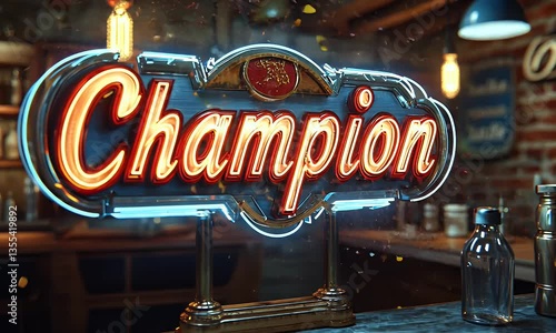 Retro neon sign 'Champion' on a bar counter.