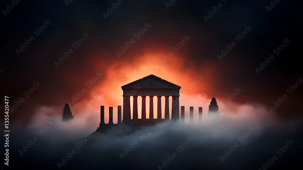 Ancient Temple Silhouette at Dramatic Sunset with Fog Ancient Temple Silhouette at Dramatic Sunset with Fog