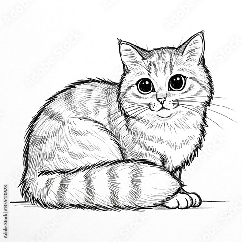 Wallpaper Mural Line drawing of fluffy cat, sitting, detailed fur texture, large eyes, simple background,  illustrative style, pet portrait Torontodigital.ca