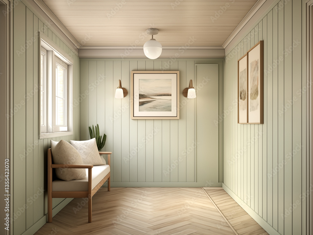 Fototapeta premium Modern hallway with wall panelling in neutral and light sage. Hall with wood panels, minimalist natural wood furniture and artwork on the wall.