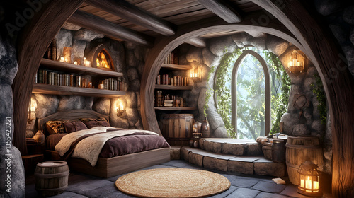 Cozy stone bedroom, arched window, forest view, fantasy interior design, home decor