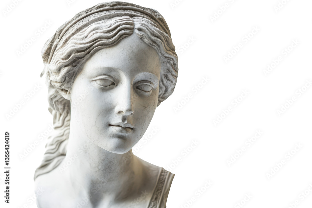 A gypsum copy of an ancient Venus statue head showcasing classical art and beauty isolated on a white background A gypsum copy of an ancient Venus statue head showcasing classical art and beauty isolated on a white background