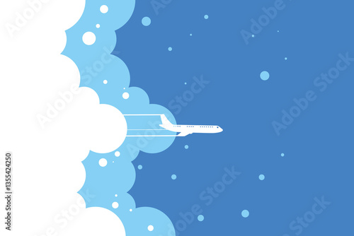 Plane flies in blue sky, leaving trail behind it. Vector illustration.