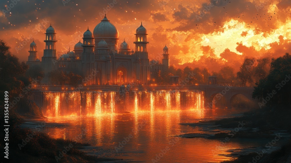 Fototapeta premium Burning Palace Bridge at Sunset Fire, Water Reflections