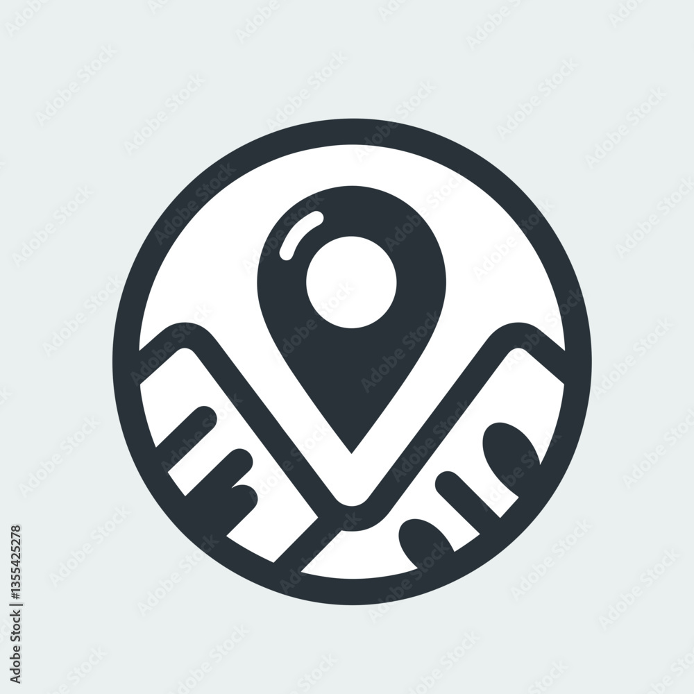 Minimalistic location pin symbolizing navigation with mountain peaks in a circular design Minimalistic location pin symbolizing navigation with mountain peaks in a circular design