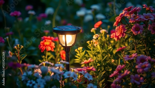 Solar Garden Light Illuminates Colorful Flowers at Sunset