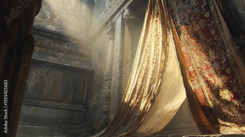 Mysterious ancient temple with torn veil and sunlight shadows