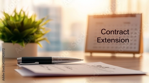 A professional workspace featuring a pen and contract for extension, symbolizing business negotiations and agreements.