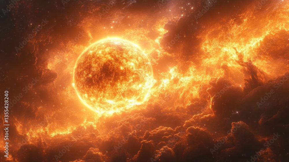 Obraz premium Blazing sun amidst cosmic clouds in fiery nebula space background for sci-fi