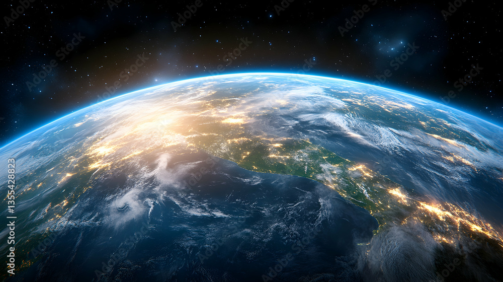 Fototapeta premium Earth sunrise space view, city lights, global perspective, environmental awareness