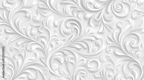 Elegant White 3D Floral Swirls Seamless Pattern Background.
