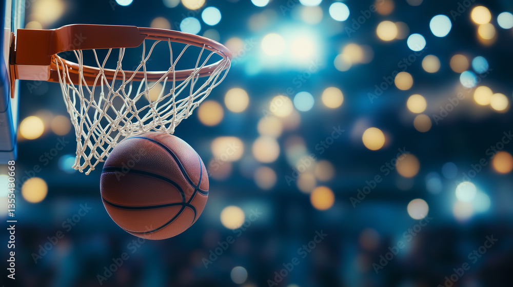 Close-up of basketball entering hoop during a competitive game, with blurred crowd in background under stadium lights basketball hoop, game-winning shot, slam dunk moment, sports a Close-up of basketball entering hoop during a competitive game, with blurred crowd in background under stadium lights basketball hoop, game-winning shot, slam dunk moment, sports a