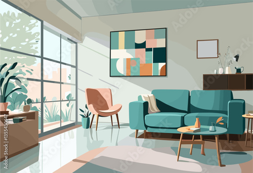 A cozy living room with a blue couch, a green chair, a potted plant, and a vase. The room is filled with natural light coming in through the large windows, creating a warm and inviting atmosphere