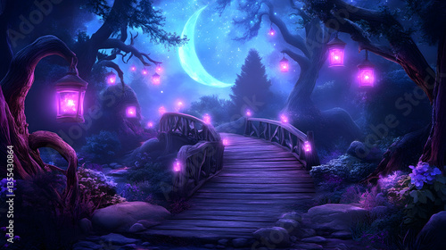Enchanted forest bridge moonlit night fantasy background