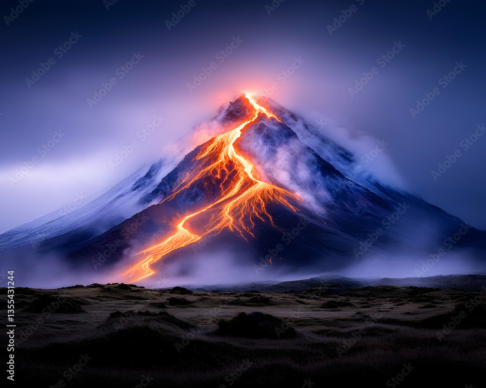 Fototapeta premium Erupting volcano at night, fiery lava flows down slopes, dramatic cloudscape. Landscapes