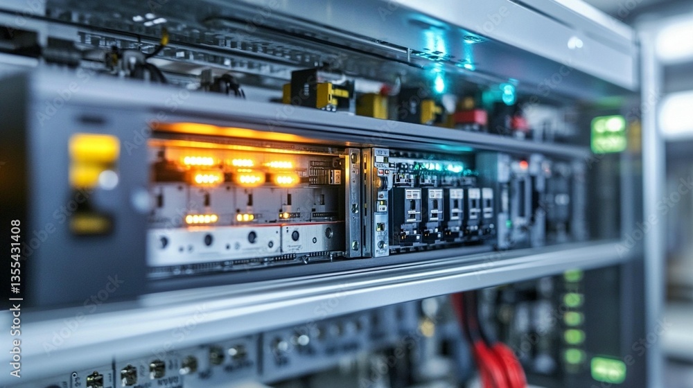 Close-up of server rack with illuminated components, showcasing technological infrastructure. Close-up of server rack with illuminated components, showcasing technological infrastructure.
