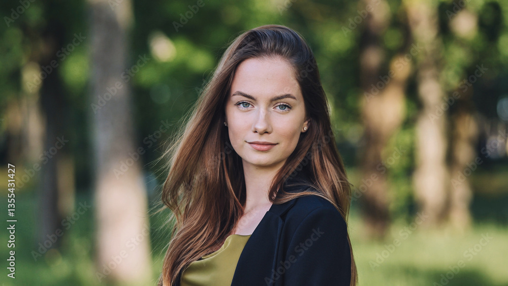 Professional businesswoman standing confidently in urban park, blazer clad and subtly smiling Professional businesswoman standing confidently in urban park, blazer clad and subtly smiling