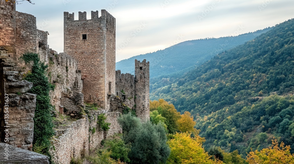 Ancient stone structure amidst lush green hills showcasing historical architecture and natural Ancient stone structure amidst lush green hills showcasing historical architecture and natural