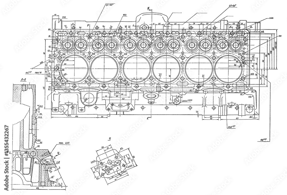 Fototapeta premium Cylinder block of engine of cargo vehicle. Engineering mechanical drawing of automotive device. Industrial cad scheme on white paper sheet. Technology design of machine building industry.