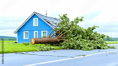 Fallen tree, damaged house, rural road