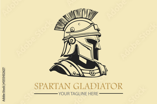 helmet and shield of the Spartan warrior symbol, emblem. Spartan helmet logo, vector illustration of spartan helm and shield, Greek gladiator armor flat vector icon