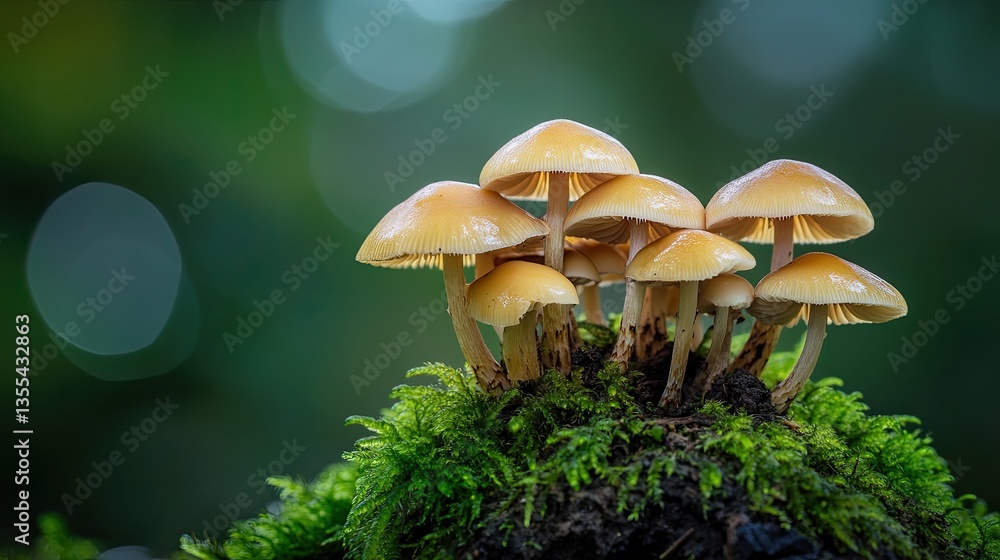 Fototapeta premium A cluster of wild mushrooms growing on a small mound of moss