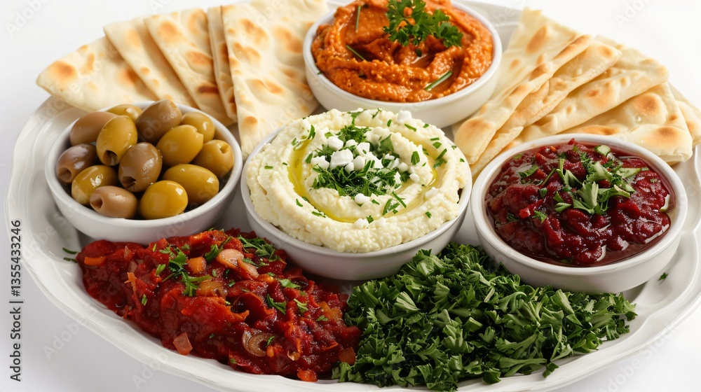 A homemade Mediterranean platter featuring hummus, pita bread, olives, and feta cheese, elegantly displayed for high-quality photography. A homemade Mediterranean platter featuring hummus, pita bread, olives, and feta cheese, elegantly displayed for high-quality photography.