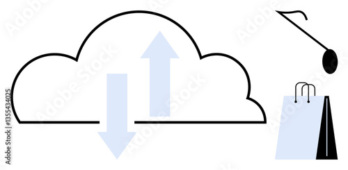 Cloud with arrows representing data uploaddownload, shopping bag symbolizing online purchasing and retail. Ideal for technology, e-commerce, cloud computing, digital storage, online marketplaces