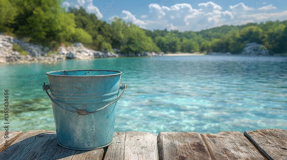 Blue bucket on wooden pier, tranquil lake, forest backdrop, summer day Blue bucket on wooden pier, tranquil lake, forest backdrop, summer day