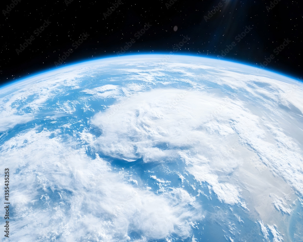 Fototapeta premium Earth from space, clouds, atmosphere, sun glare, planet view, environmental study