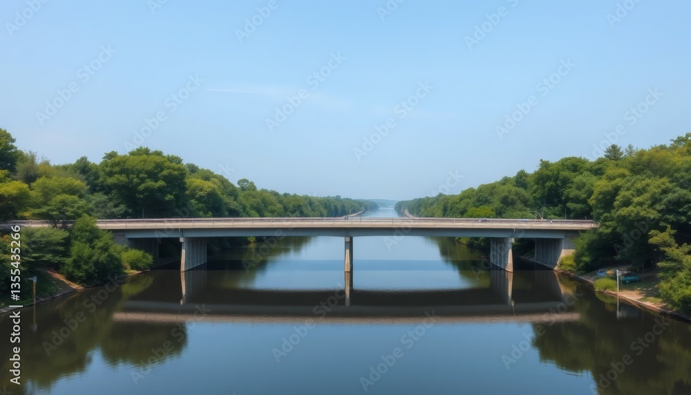 Fototapeta premium Bridge Over Calm River Reflecting Trees and Blue Sky on a Sunny Day