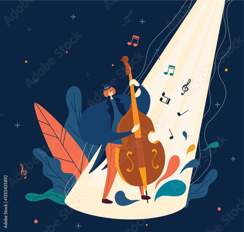 Music. Man/ woman playing on double bass, violin. Music notes flying around. Good vibe, music, play, string.