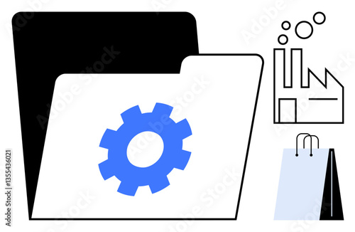 Open folder with blue gear symbol, factory with chimneys, and shopping bag illustrating digital operations, manufacturing, and retail. Ideal for business, technology, industry, process commerce