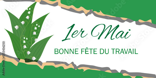 Elegant 1st of May greeting Card with a bouquet of lily of the valley. French typography "Bonne Fête du Travail". Perfect for Labor Day and spring holidays.