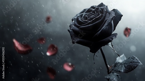 A dramatic image featuring a black rose and falling petals