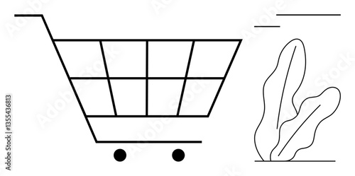 Shopping cart design with plant element, promoting sustainability, green shopping. Ideal for retail, eco living concepts, conscious consumerism, minimalism, e-commerce, marketing visuals flat simple