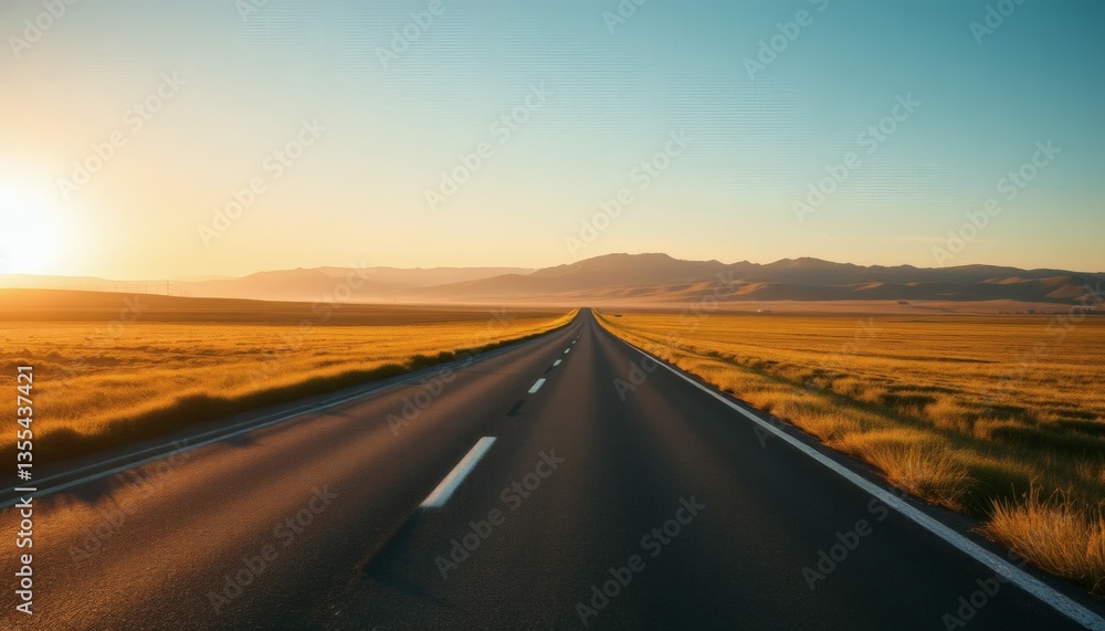 Fototapeta premium Road Through Golden Fields at Sunset with Mountains and Clear Sky